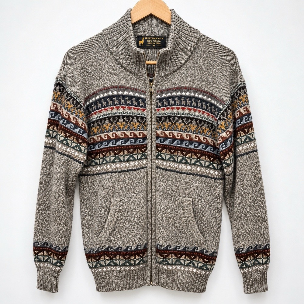 Artezania N Y R 100% Alpaca Fair Isle Zip Cardigan Sweater Made in Peru Men's M